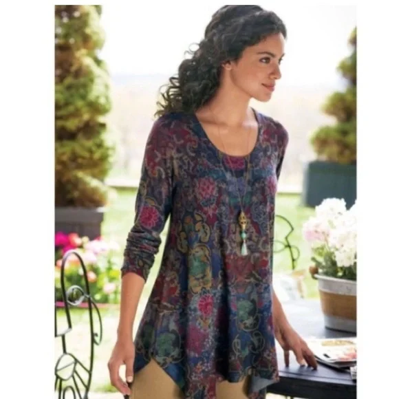 Soft Surroundings Floral Scoop Neck Handkerchief Hem Long Tunic Paisley Size 3X - Picture 5 of 12